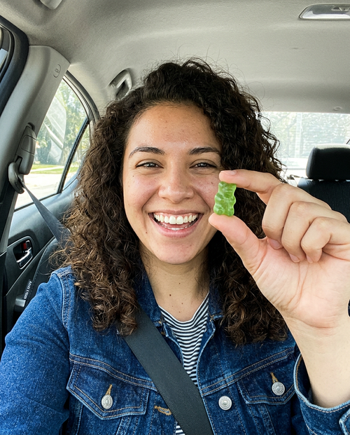 Customer review photo holding gummy in car