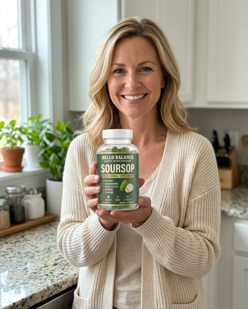 Customer review photo, woman in kitchen holding bottle