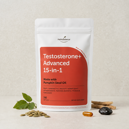Hello Balance Testosterone+ Advanced 15-in-1 with Pumpkin Seed Oil, 240 Softgels