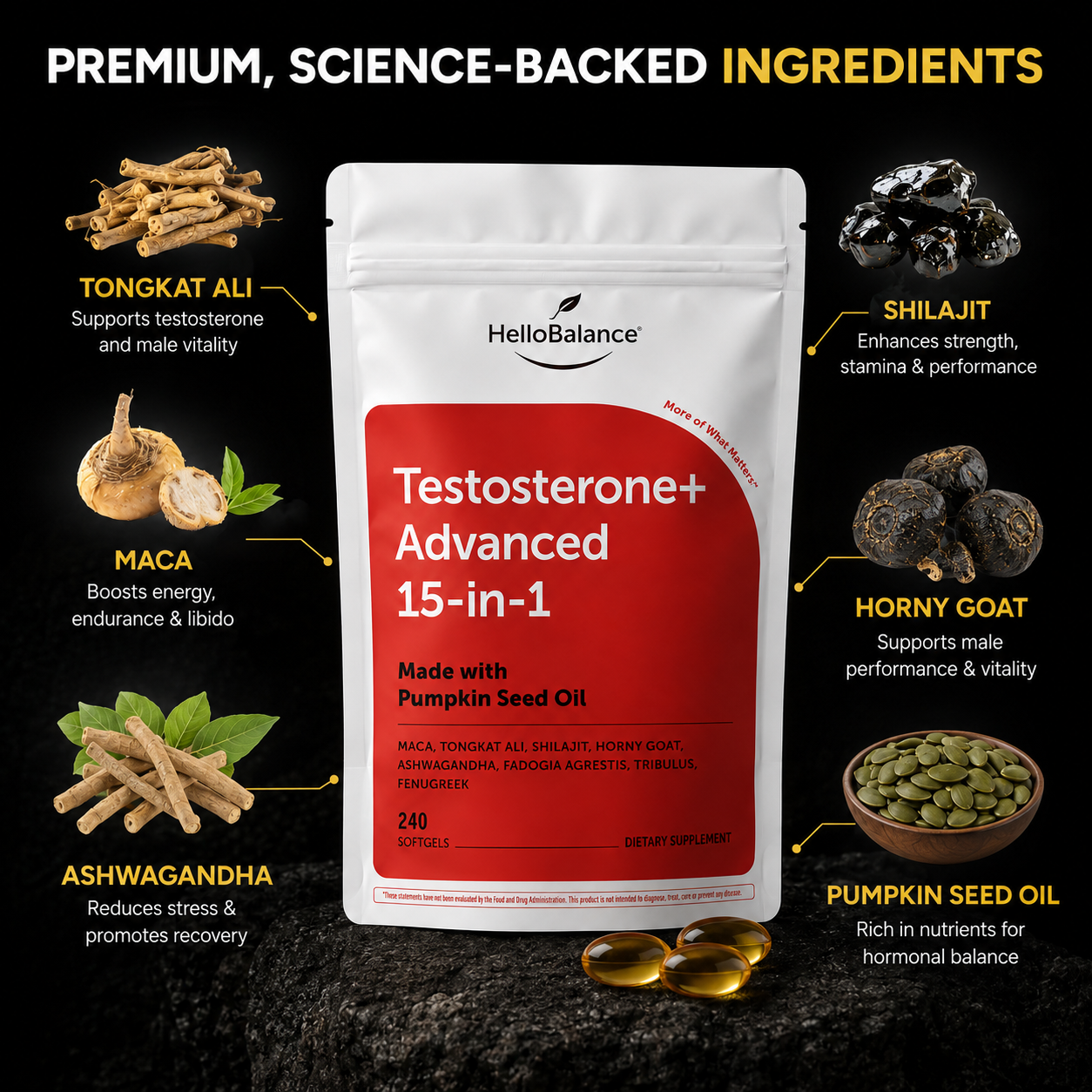 Hello Balance Testosterone+ Advanced 15-in-1 with Pumpkin Seed Oil, 240 Softgels