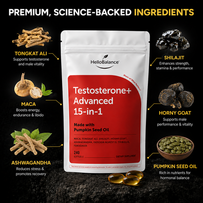 Hello Balance Testosterone+ Advanced 15-in-1 with Pumpkin Seed Oil, 240 Softgels