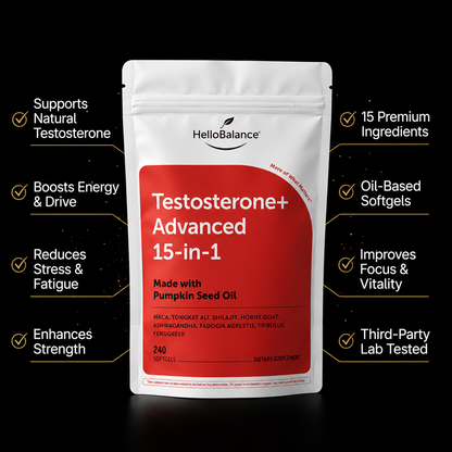 Hello Balance Testosterone+ Advanced 15-in-1 with Pumpkin Seed Oil, 240 Softgels