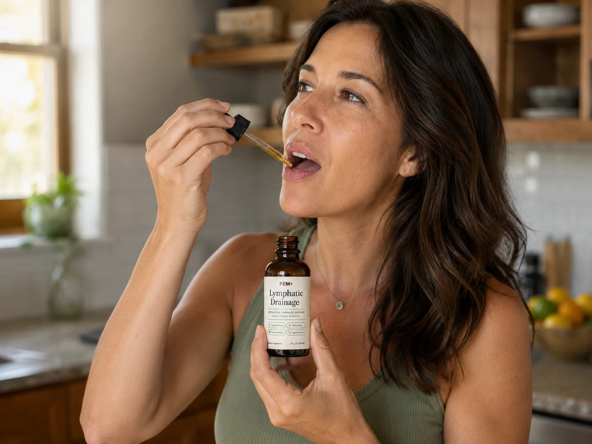 Woman taking lymphatic drainage drops in a sunlit kitchen