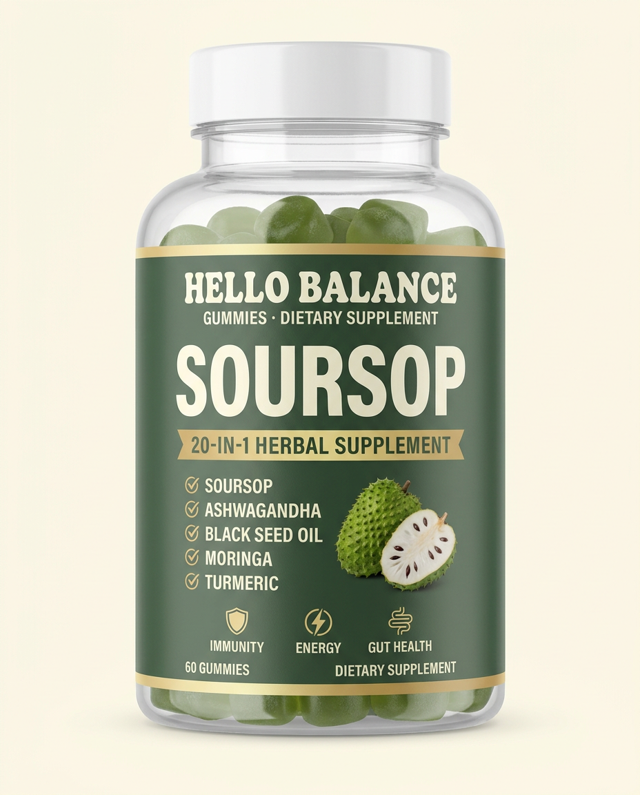 Hello Balance Soursop Gummies 20-in-1 bottle
