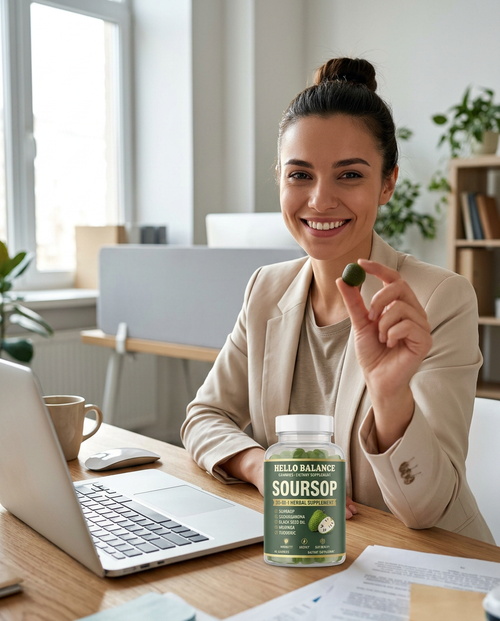 Customer review photo holding gummy at office desk
